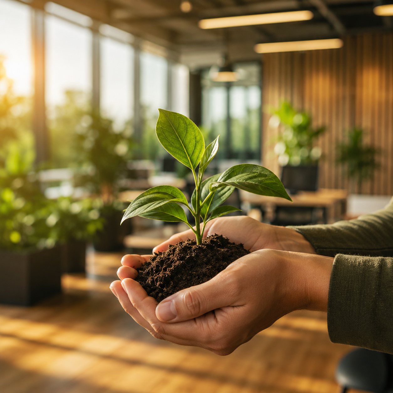 Muda de planta sendo cultivada simbolizando práticas ESG e sustentabilidade empresarial