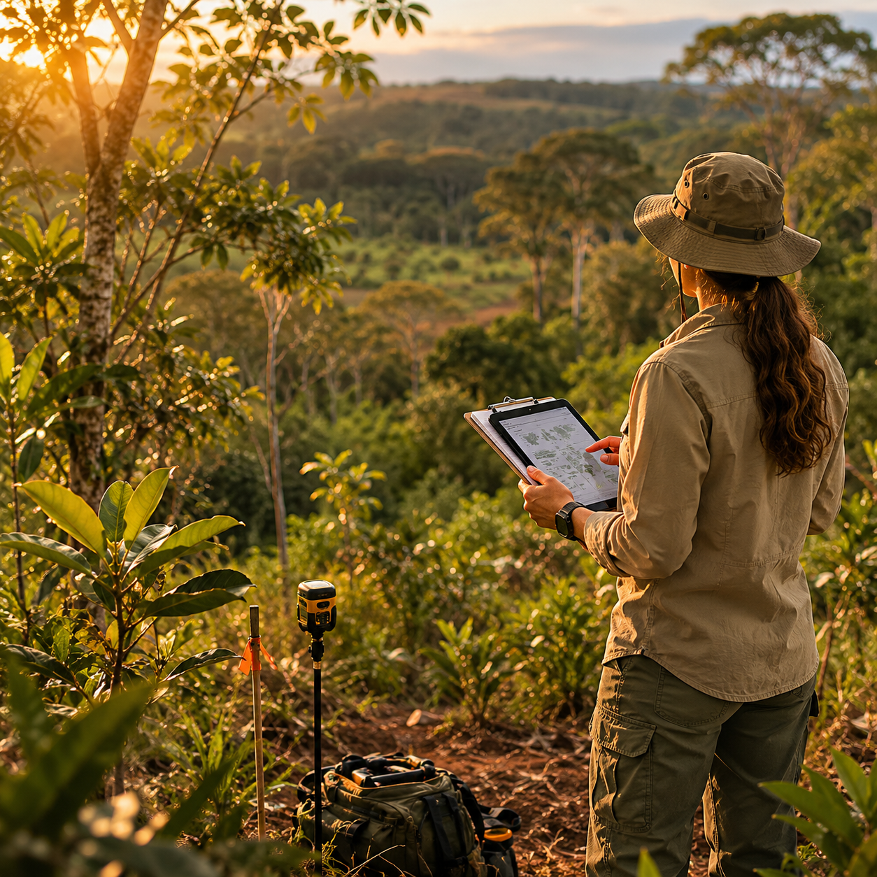 Pesquisador realizando estudo ambiental e diagnóstico de campo em ecossistema brasileiro