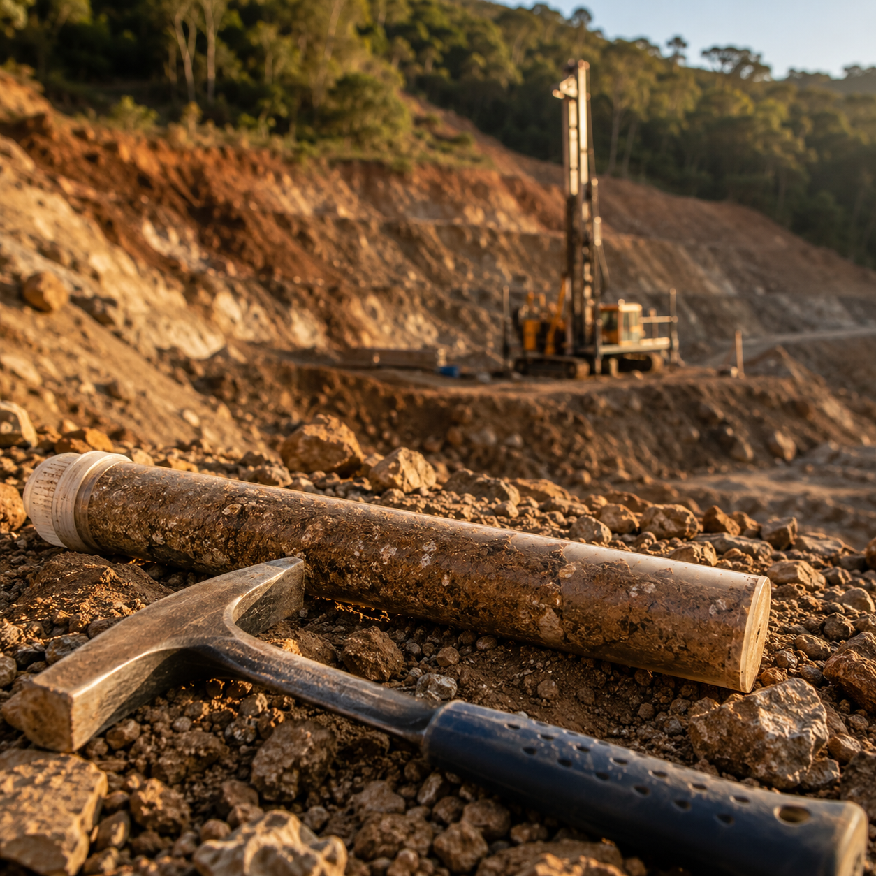 Equipamento de sondagem e amostra de solo em estudo de geologia e geotecnia
