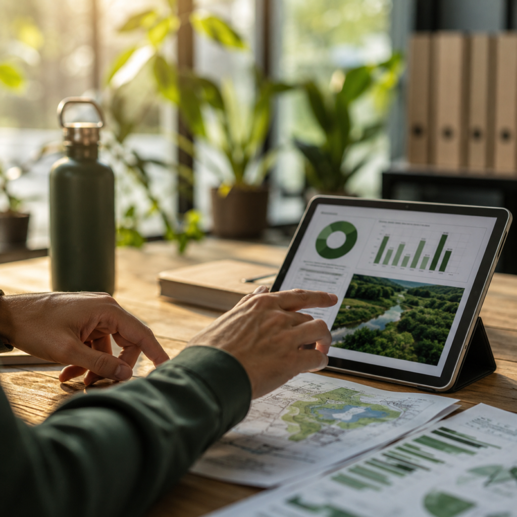 Consultor ambiental revisando documentos de licenciamento ambiental e gestão de resíduos em escritório